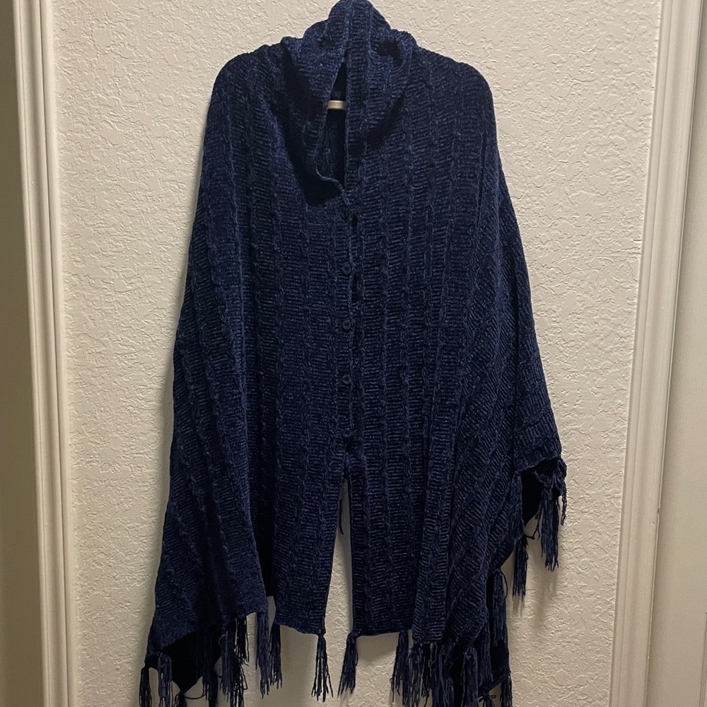 Navy Blue Knit Poncho with Fringe